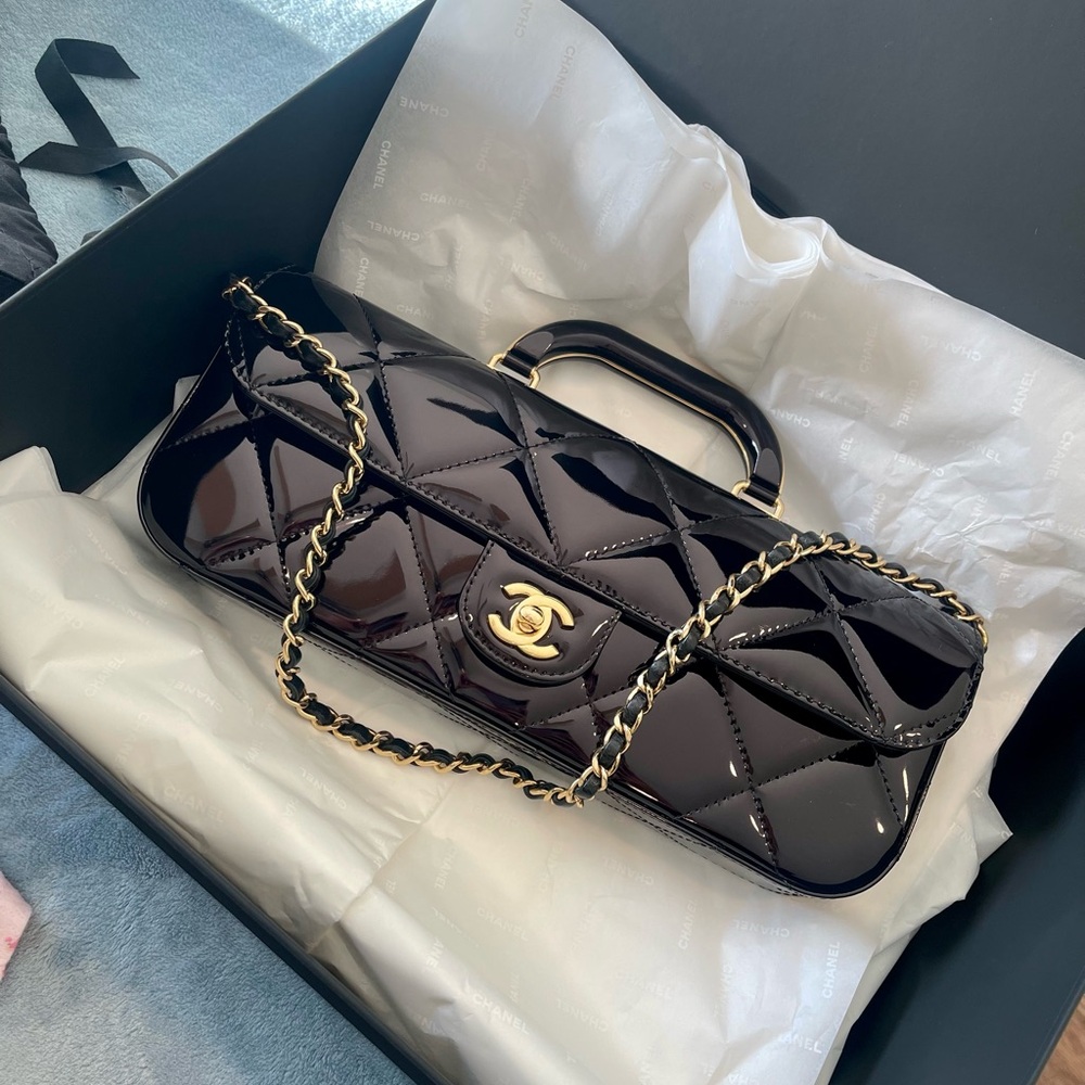 Chanel Quilted Patent Leather Top-Handle Shoulder Bag in Dark Brown